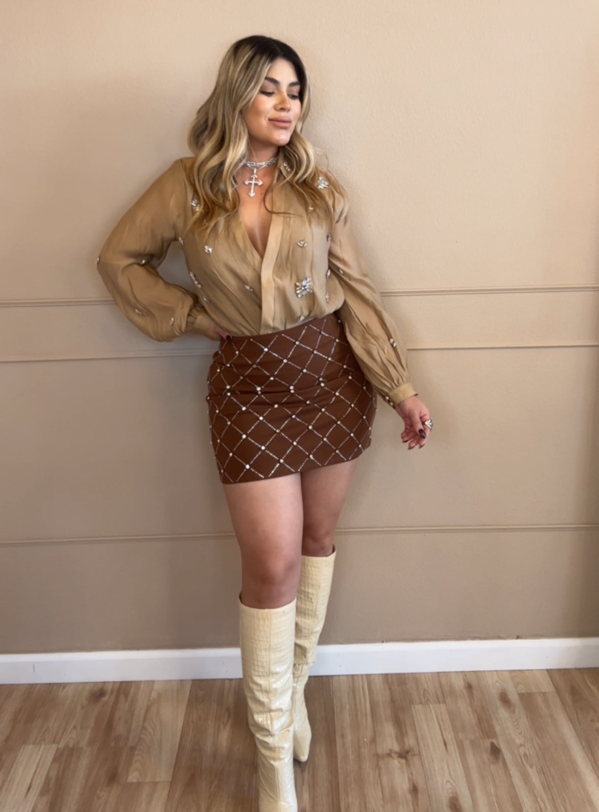 Mocha Rhinestones Mini Skirt