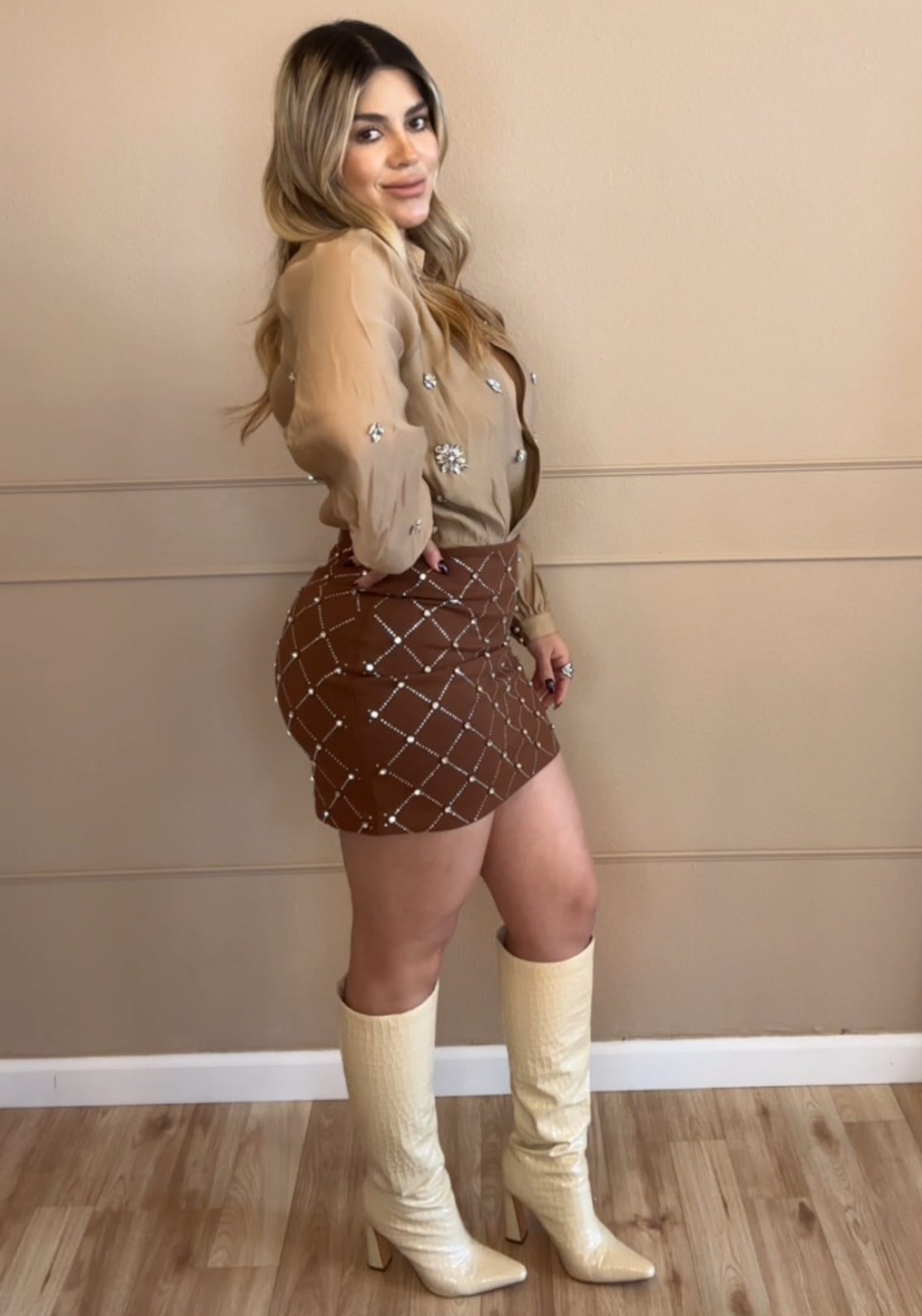 Mocha Rhinestones Mini Skirt